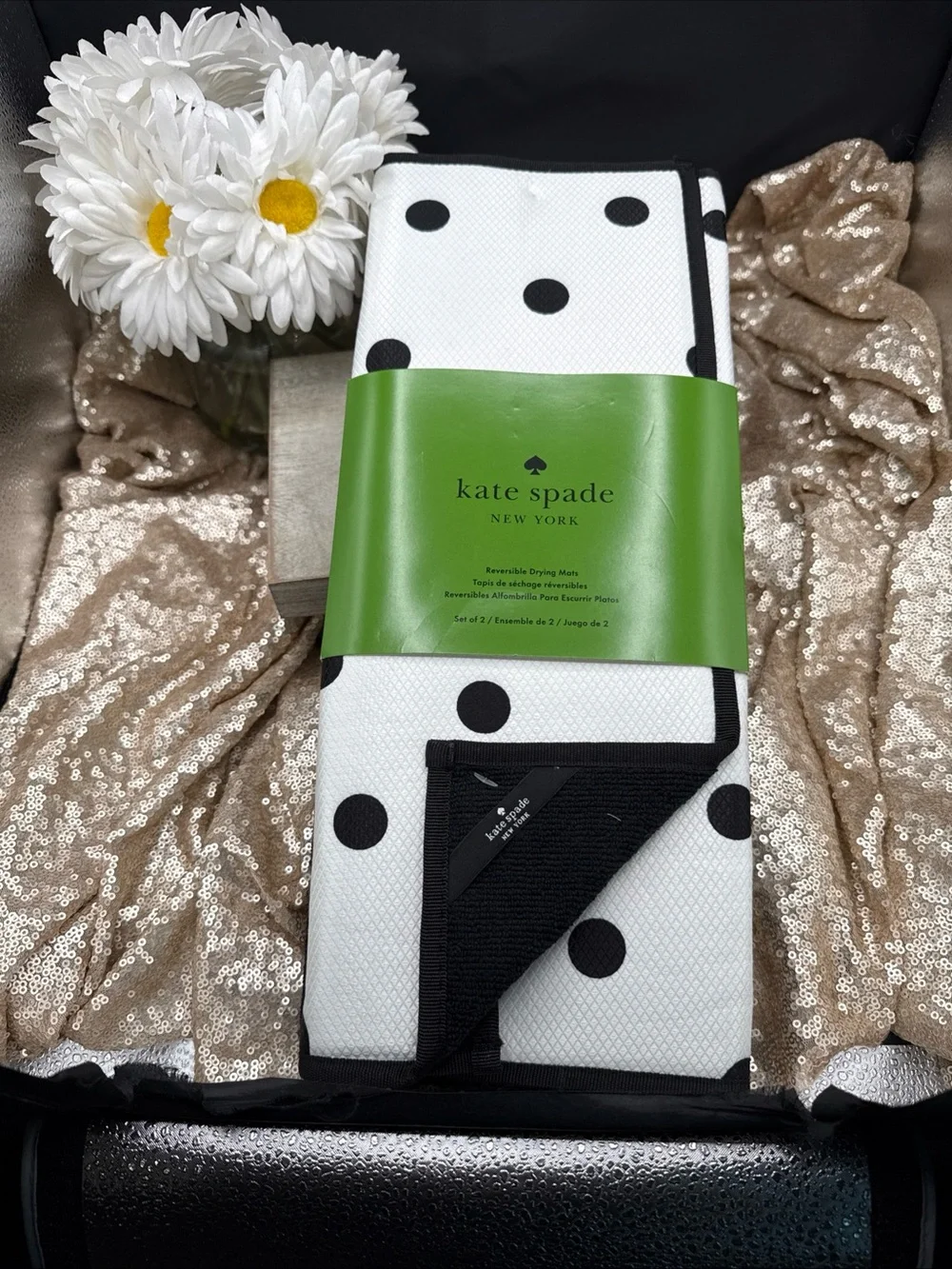 Kate Spade New York White Black Polka Dot Reversible Drying Mats Set Of 2
